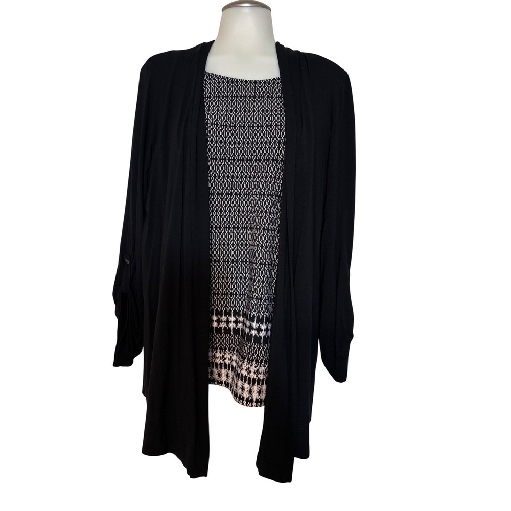 INC Black Open Front knit Cardigan Size Medium full length sleeves with tab EUC